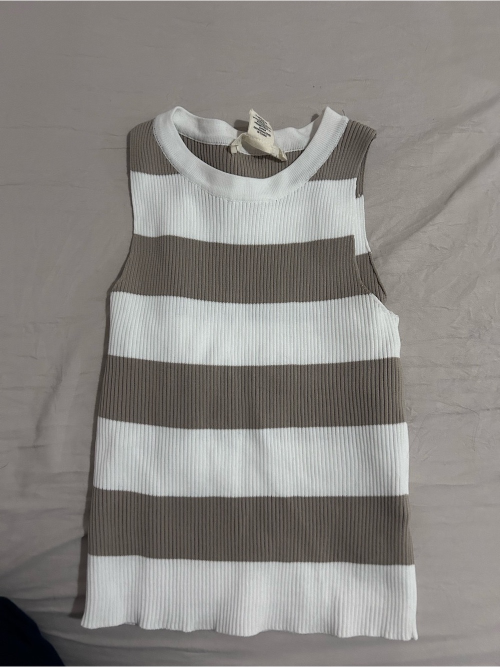 Girls' Sleeveless Striped Rib Knit Dress - White & Taupe